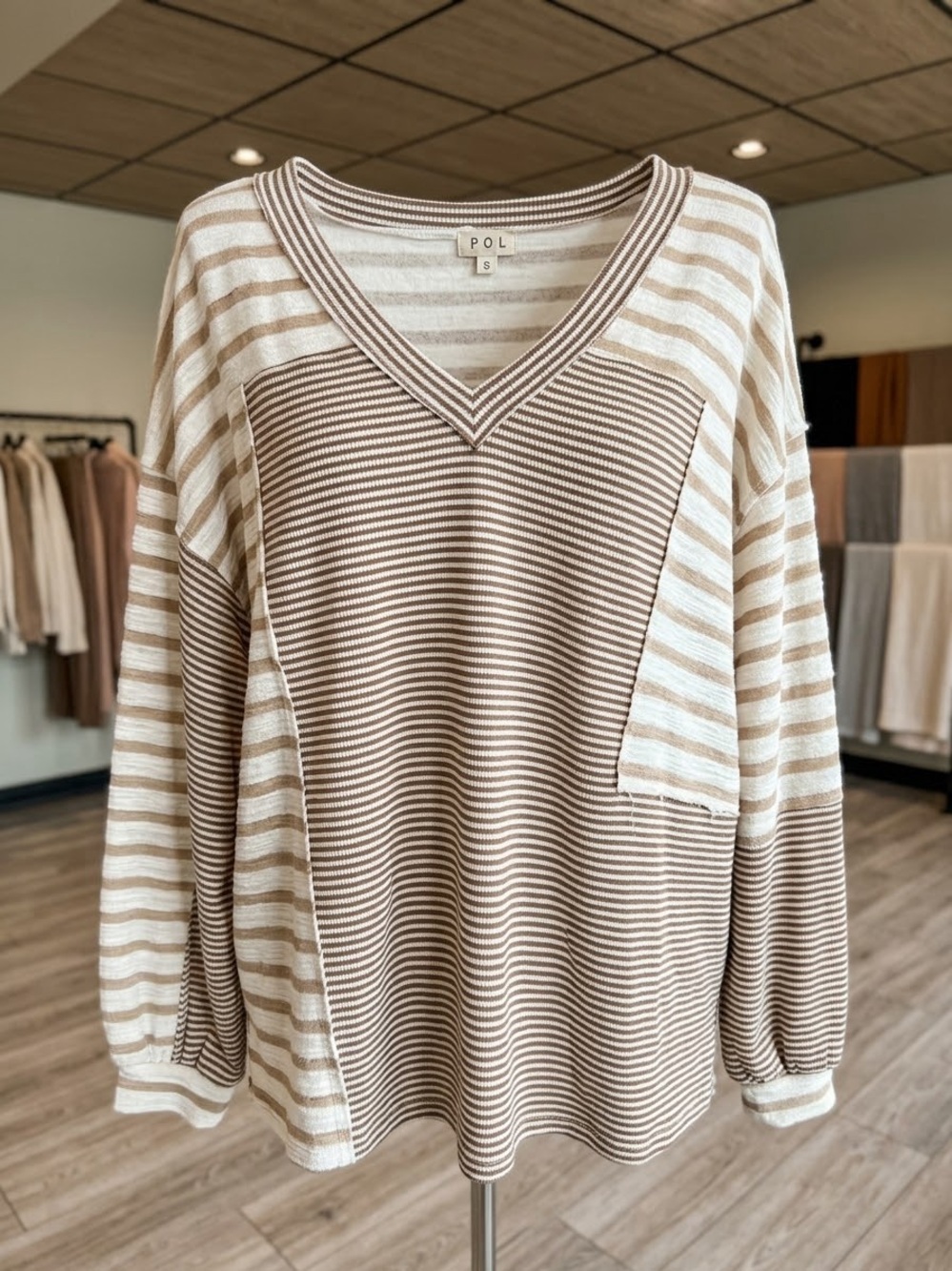 POL Striped V-Neck Pullover in Beige and White/ Henley/ NWT/ S / Ptp-28”
